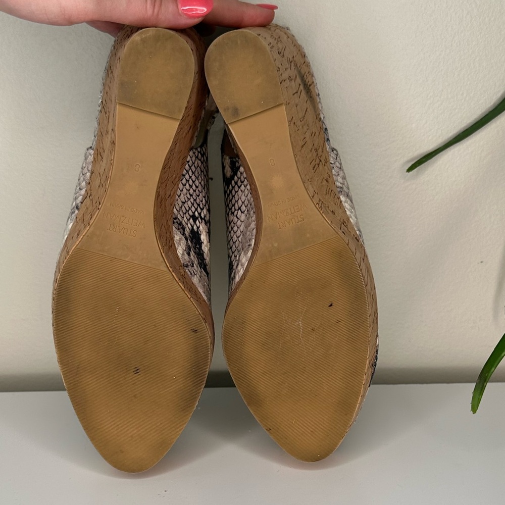 Stuart Weitzman Snakeskin Leather Cork Wedge Heels 8 | Peep Toe Slingback - Picture 8 of 13